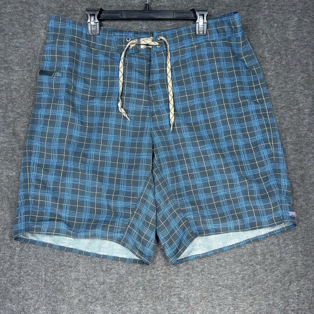 Patagonia Wavefarer Board Shorts Mens 38 Blue Plaid Unlined Swim Surf Drawstring